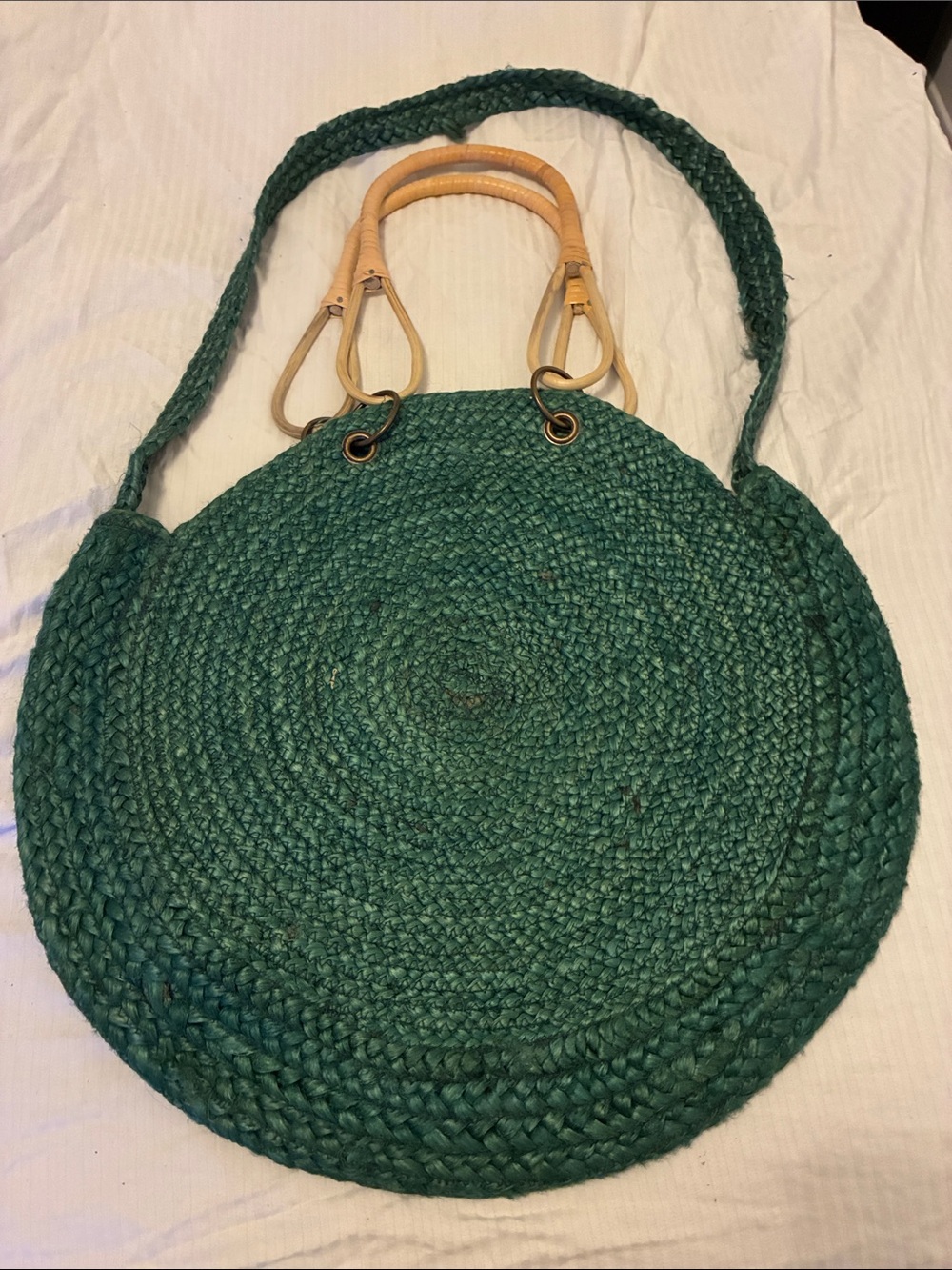 America & Beyond Green Round Woven Tote Bag with Bamboo Handles